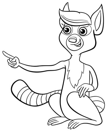 Cartoon illustration of funny lemur primate animal character pointing something coloring pageのイラスト素材