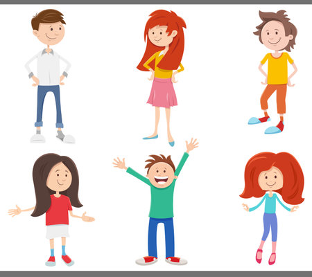 Cartoon illustration of funny children and teenagers characters setのイラスト素材