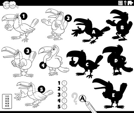 Cartoon illustration of finding the right shadows to the pictures educational puzzle with toucans birds animal characters coloring pageのイラスト素材