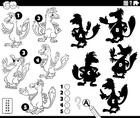 Cartoon illustration of finding the right shadows to the pictures educational puzzle with Caudipteryx or feathered dinosaur prehistoric animal characters coloring pageのイラスト素材