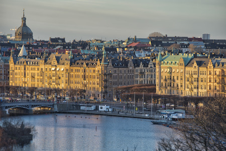 Stockholm view at sunset panorama in winter timeの写真素材