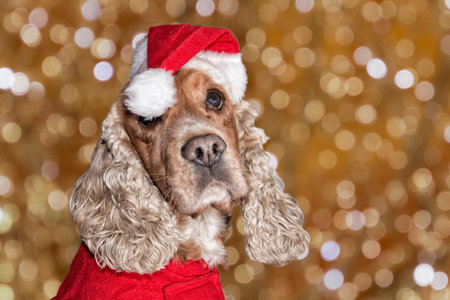 Santa dressed puppy dog christmas on Xmas tree backgroundの写真素材