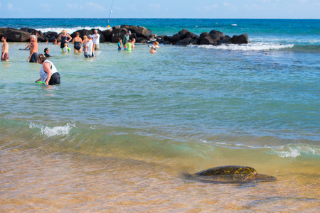 HONOLULU, USA - AUGUST, 14 2014 -  People having fun at hawaii island beachのeditorial素材