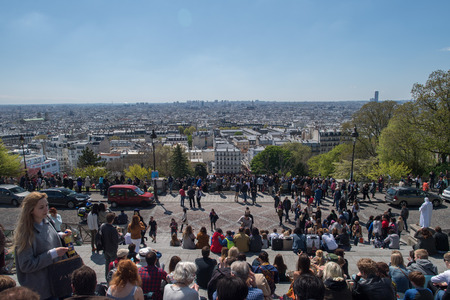 PARIS, FRANCE - MAY 1 2016 - Montmartre stair is crowded of french people toruists on sunday sunny day of labour international celebrationのeditorial素材