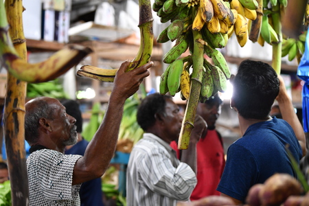 MALE, MALDIVES - MARCH, 4 2017 -  People buying fruit and vegatbles at island marketのeditorial素材