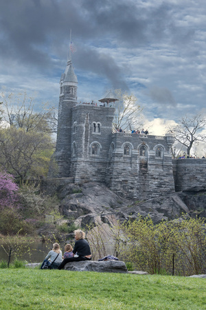 NEW YORK - USA - APRIL, 20 2017 people in central park on sunny day   walking through path in blossom timeのeditorial素材