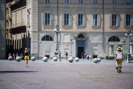 TURIN, ITALY - June 17 2017 -  Tourist in Piazza Castello on sunny day. The well famous castle place with ancient buildings and monumentsのeditorial素材