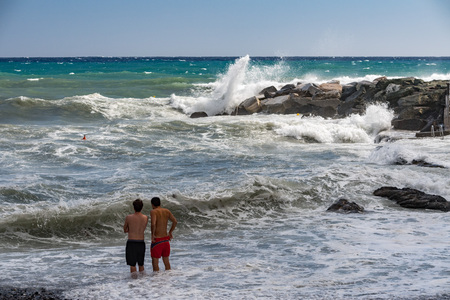 people taking pictures of Sea Storm and tempest on the coastの写真素材