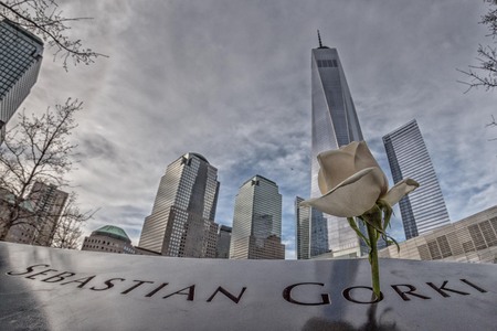 NEW YORK, USA - APRIL 23 2017 - people visiting ground zero  fountain and 9/11memorialのeditorial素材