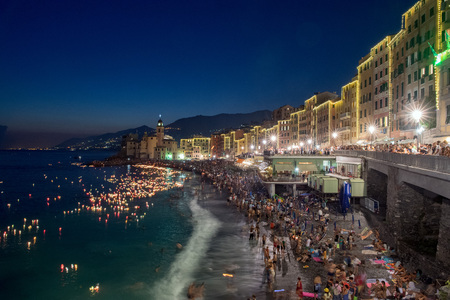 CAMOGLI, ITALY - AUGUST 6 2017 -  The traditional celebration that Camogli inhabitants dedicate to the Holy Virgin, worshipped with the title of "Star of the Sea". During the night when thousands of tiny lit candles are left bobbing on the water from the のeditorial素材