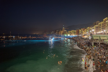 CAMOGLI, ITALY - AUGUST 6 2017 -  The traditional celebration that Camogli inhabitants dedicate to the Holy Virgin, worshipped with the title of "Star of the Sea". During the night when thousands of tiny lit candles are left bobbing on the water from the のeditorial素材