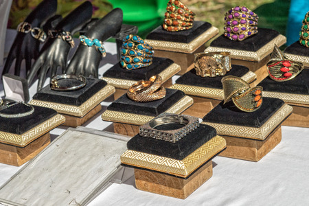 ethnic rings for sale at market detailの写真素材