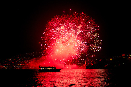 Fireworks on the sea in Recco, Liguria Italyの写真素材