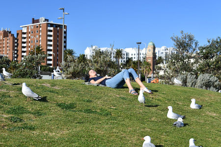 MELBOURNE, AUSTRALIA - AUGUST 14, 2017 - located 6 kilometres south from the city centre St. Kilda Beach is Melbourne's most famous beachのeditorial素材