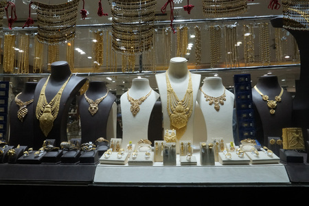 DUBAI, UAE - SEPTEMBER 3 2017 - Gold Souk is located in commercial business district with over 300 retailers and jewellery traders. Approximately 10 tons of gold is present at any given time in the soukのeditorial素材