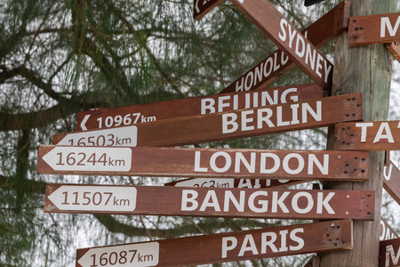 many destinations town sign wood pole in polynesiaのeditorial素材