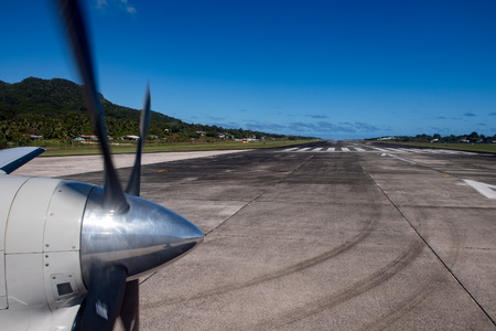 propeller airplane detail flying in tropical paradise backgroundの写真素材