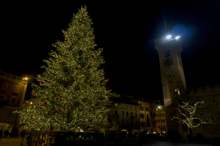 Trento Italy christmas tree at night in main town placeの写真素材