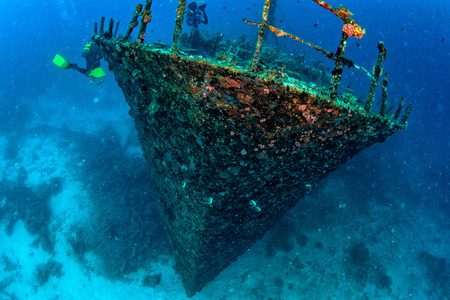 scuba diver diving on Ship Wreck underwater in maldivesの写真素材