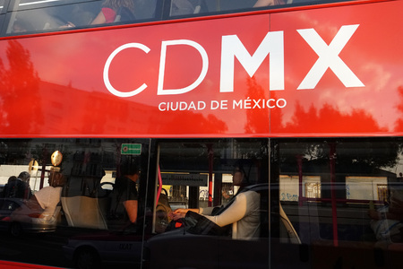 MEXICO CITY, MEXICO - MARCH 18 2018 - The double-deckers, often referred to London buses, the new Metrobus fleet running on Line 7, a route  along Paseo de la Reforma Avenue between the Campo Marte and Indios Verdes stations.のeditorial素材