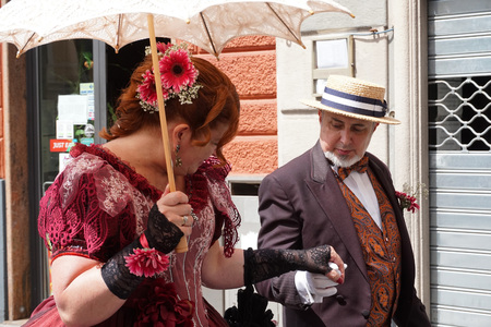 GENOA, ITALY - MAY 5 2018 - 19 century dress parade for Euroflora Exhibit in Nervi parks the most important among European floralies thriugh historic villas and housesのeditorial素材
