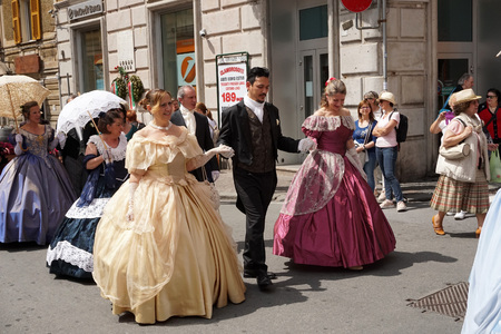 GENOA, ITALY - MAY 5 2018 - 19 century dress parade for Euroflora Exhibit in Nervi parks the most...