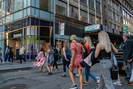 NEW YORK, USA - MAY 25 2018 - Broadway to Times Square is a major commercial intersection, tourist destination, entertainment center and neighborhood in the Midtown Manhattanのeditorial素材