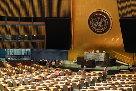NEW YORK, USA - MAY 25 2018 - United Nations general assembly hall; headquartered in complex designed by architect Oscar Niemeyer open to publicのeditorial素材