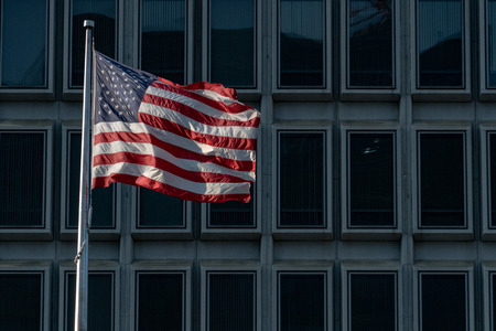 detail of waving usa flag in new york 5th street avenueの写真素材