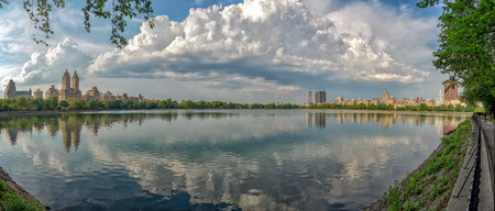 central park lake new york view panorama in may
