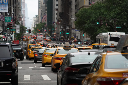 NEW YORK, USA - MAY 25 2018 - Yellow cabs and cars stucked in traffic in the Midtown Manhattan jamのeditorial素材