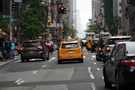 NEW YORK, USA - MAY 25 2018 - Yellow cabs and cars stucked in traffic in the Midtown Manhattan jamのeditorial素材