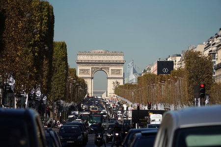 PARIS, FRANCE - OCTOBER 5 2018 -  Paris street congested traffic jam all along city.のeditorial素材