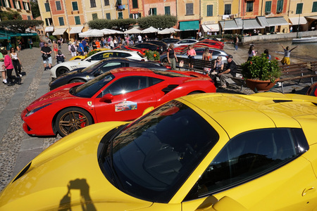 PORTOFINO, ITALY - OCTOBER 20, 2018 - Ferrari holds 70 years anniversary celebration with a supercar convention, The new Ferrari Portofino is in its home town villageのeditorial素材