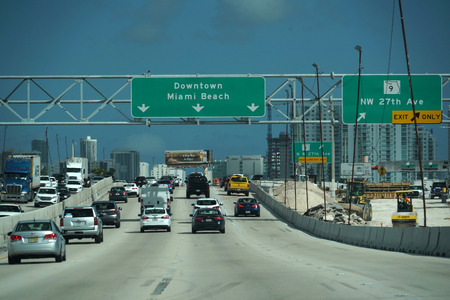 MIAMI, USA - NOVEMBER 5, 2018 - Miami Florida congested highways with many cars transit every day