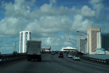 MIAMI, USA - NOVEMBER 5, 2018 - Miami Florida congested highways with many cars transit every day