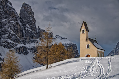Dolomites church in winter snow timeのeditorial素材