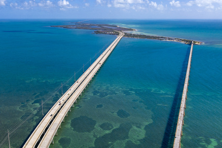 key west island florida highway and bridges over the sea aerial view panoramaの写真素材