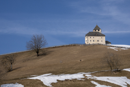 Tower castle Ciastel De Tor in Pederoa, Trentino, Italy view on sunny winter dayのeditorial素材