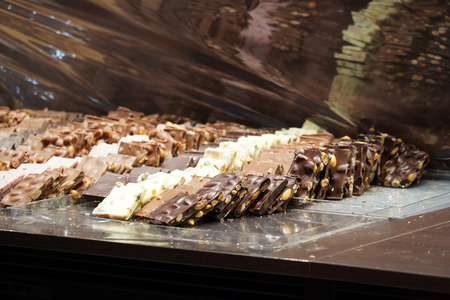 swiss chocolate candy on displayの写真素材