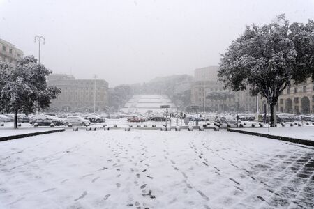 GENOA, ITALY - JANUARY 23 2019 - It is very uncommon to sea the snow in the by the sea Liguria capital Town. It does snow every 5-8 years average.のeditorial素材