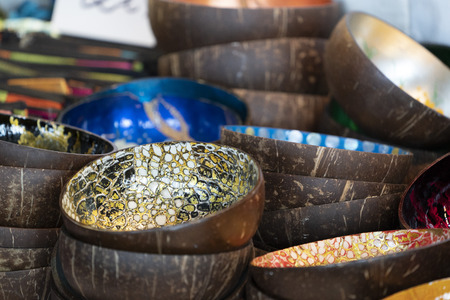 Bamboo bowl with decoration at the market detail