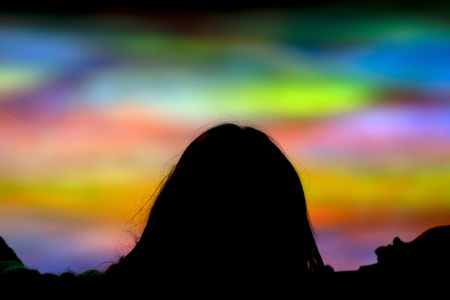 circus audience silhouette on multi color lightの写真素材