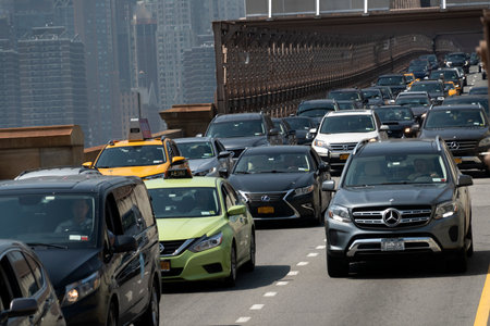 NEW YORK, USA, MAY 2 2019 - Traffic jam on Brooklyn bridge on sunny day