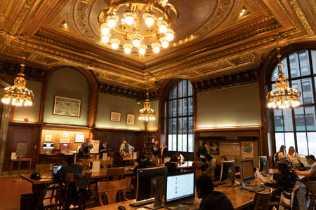 NEW YORK, USA - MAY 4 2019 - Interior of Public Library on 5th avenue open to public and tourists