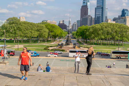PHILADELPHIA, USA - APRIL 30 2019 - The 72 stone steps before the entrance of the Museum of Art, have become known as the "Rocky Steps" as a result of the scene from the filmのeditorial素材