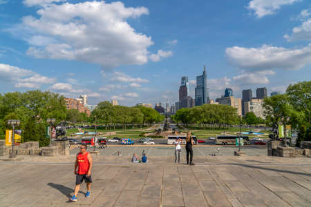 PHILADELPHIA, USA - APRIL 30 2019 - The 72 stone steps before the entrance of the Museum of Art, have become known as the "Rocky Steps" as a result of the scene from the filmのeditorial素材