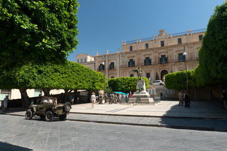 NOTO, ITALY - JUNE 30 2019 - II World War historic commemoration of 10 july 1943 landing Husky operation of americans in sicily with soldiers of all countries.のeditorial素材