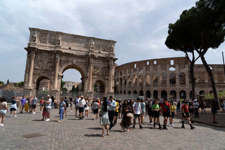 ROME, ITALY - JUNE 14 2019 - Coliseum and roman forums are full of tourists in summer seasonのeditorial素材