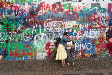 PRAGUE, JULY 15 2019 - Beatles John Lennon graffiti wall is symbol of freedom and artist from all over the world keep on writing on itのeditorial素材